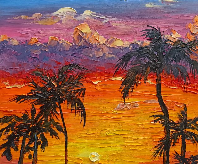 Magical Sunset - Colorful Beach Painting, Palette Knife Art, Original Artwok