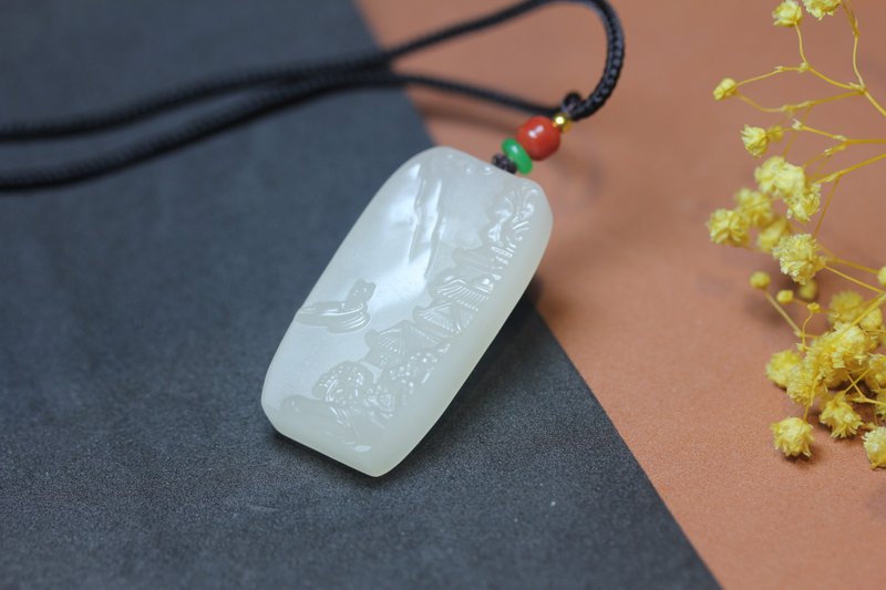 Natural golden silk jade landscape tag alpine and flowing water trails life necklace that people yearn for after the prosperity - Necklaces - Jade White