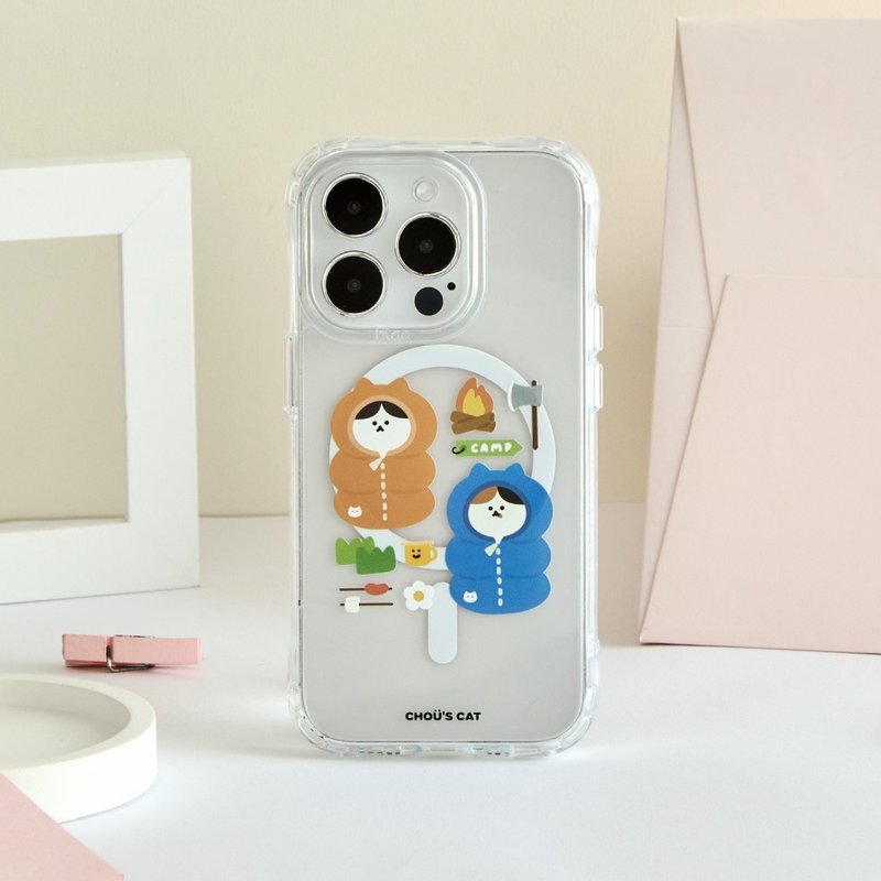 Zhou's Meow Meow Camping Cat Anti-Yellow and Anti-fall MagSafe iPhone Case - เคส/ซองมือถือ - พลาสติก สีใส