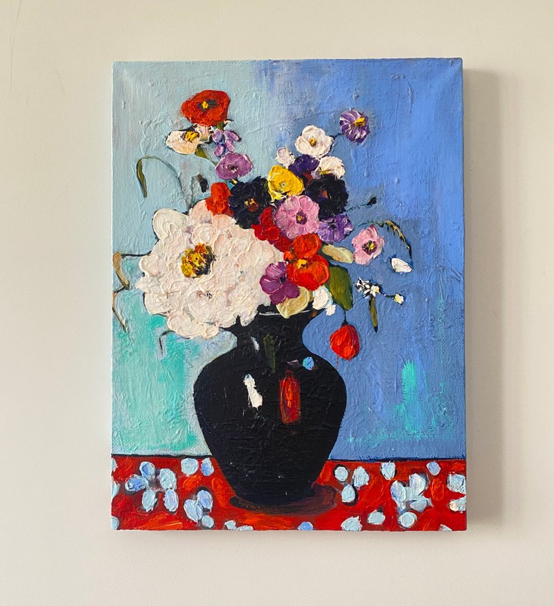 Flowers bouquet painting Original oil painting on canvas Fauvism Matisse inspire - ตกแต่งผนัง - วัสดุอื่นๆ สีแดง