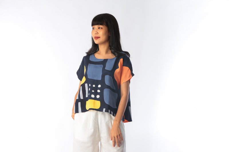 Abstract Cotton Rayon Kimono Blouse For Summer Beach Vacation - 女上衣/長袖上衣 - 棉．麻 橘色