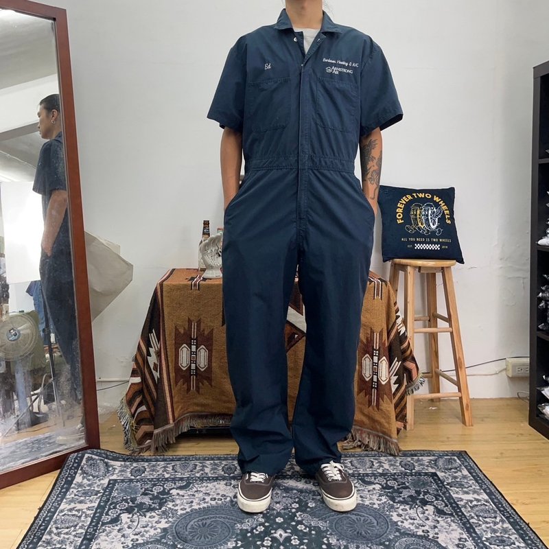 WEAR GUARD dark blue short-sleeved overalls COVERALLS vintage second-hand electric embroidery - กางเกงขายาว - ผ้าฝ้าย/ผ้าลินิน สีน้ำเงิน