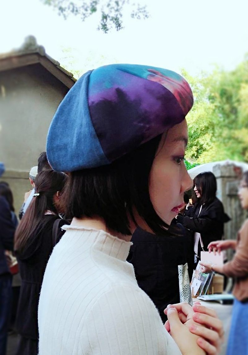 小牛村 手工貝雷帽 男女 畫家帽 復古時尚【紫焰渲染】B-56 - 帽子 - 棉．麻 藍色