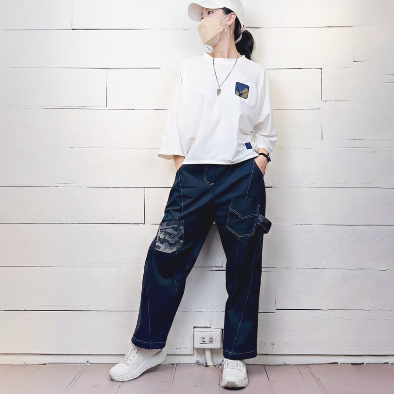 深藍牛仔迷彩 - 車線側條褲 #A2065 - 女長褲 - 棉．麻 藍色