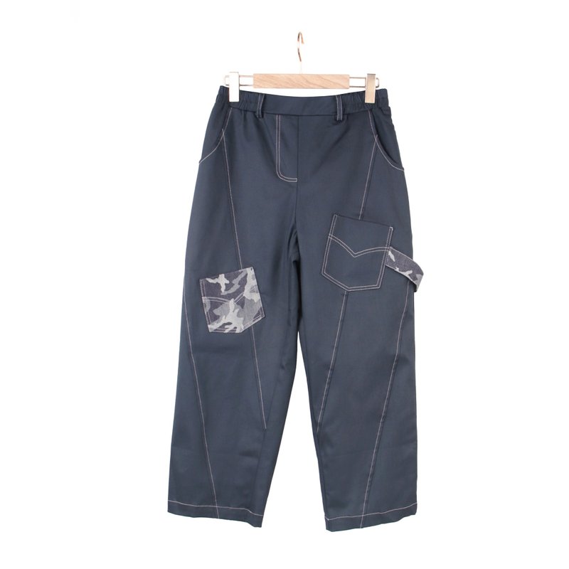 ダークブルーデニム迷彩 - ステッチサイドストライプパンツ #A2065 - パンツ レディース - コットン・麻 ブルー