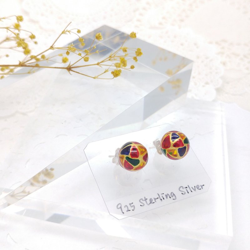 10mm Glass-painted Sterling Silver earrings - Gold line, Color - ต่างหู - แก้ว สีทอง