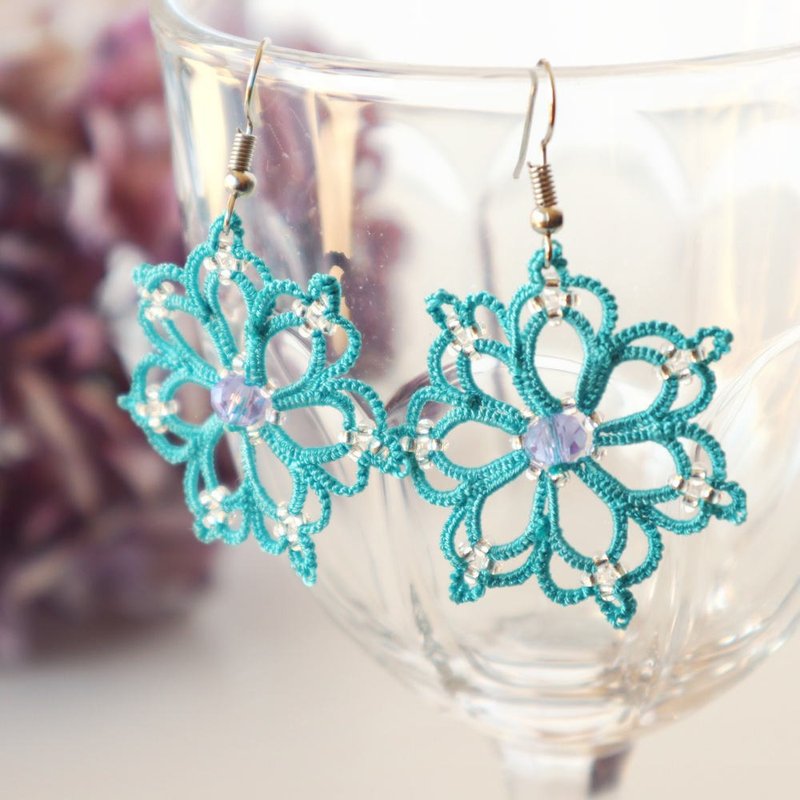 OYA Tatting lace Earrings - ORCHID- Turquoise - ต่างหู - ไฟเบอร์อื่นๆ สีน้ำเงิน
