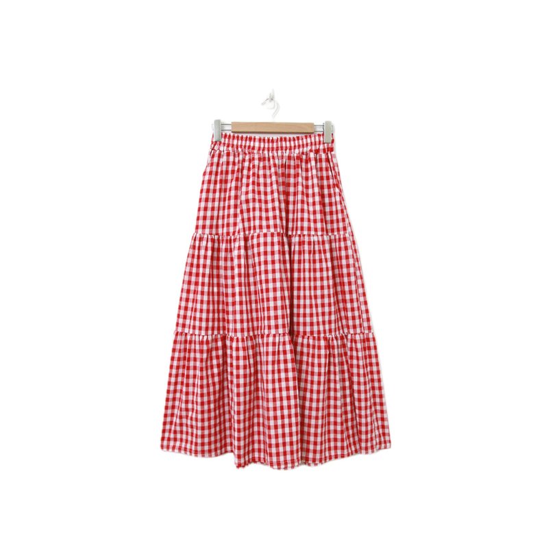 Back to Green-復古長裙  經典紅白格紋 M-28//vintage skirt - 裙子/長裙 - 棉．麻 