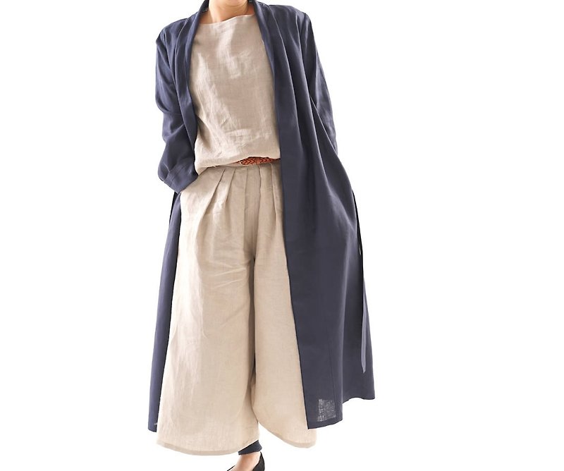 linen / linen coat / long coat / long length / long sleeve / outerwear / b14-16 - Women's Casual & Functional Jackets - Cotton & Hemp Blue