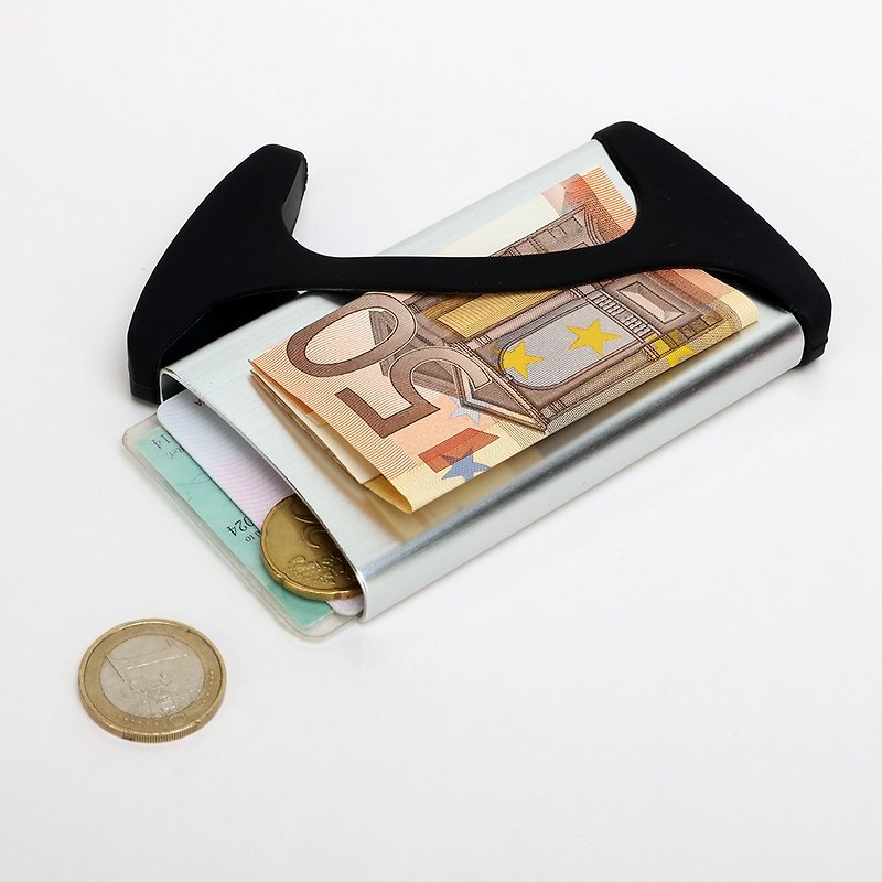 Wallet - Hug silver aluminum and black silicone case - กระเป๋าใส่เหรียญ - อลูมิเนียมอัลลอยด์ สีเงิน