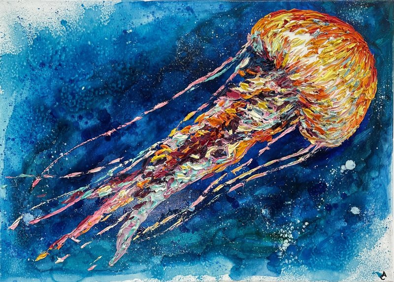 Original Jellyfish Paintings On Canvas Abstract Marine Life Painting - 壁貼/牆壁裝飾 - 壓克力 多色