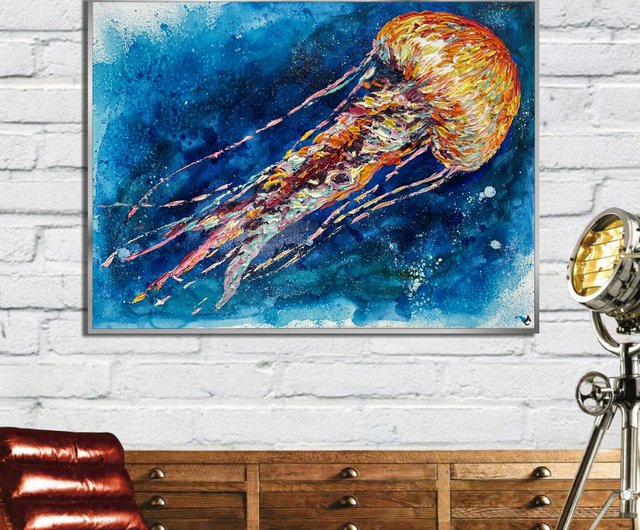 キャンバスに描かれたオリジナルのクラゲの絵画 抽象的な海洋