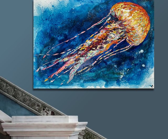 キャンバスに描かれたオリジナルのクラゲの絵画 抽象的な海洋生物の