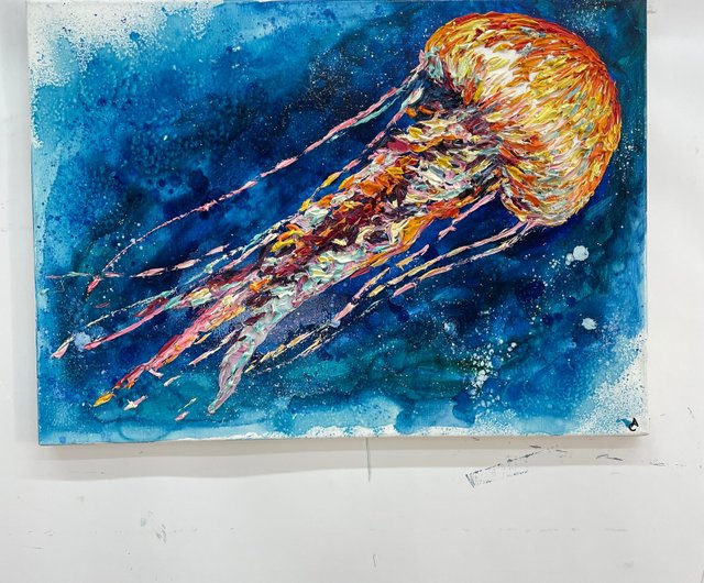 キャンバスに描かれたオリジナルのクラゲの絵画 抽象的な海洋