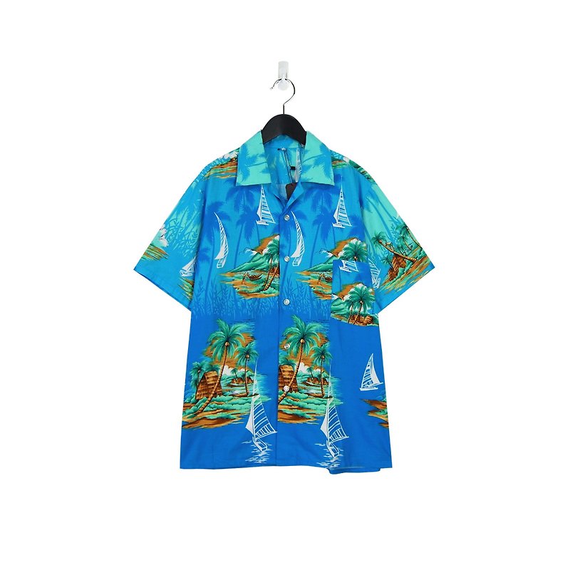 A‧PRANK :DOLLY ::Retro VINTAGE Aqua Blue Coconut Beach Hawaiian T-shirt T806018 - เสื้อเชิ้ตผู้ชาย - ผ้าฝ้าย/ผ้าลินิน สีน้ำเงิน