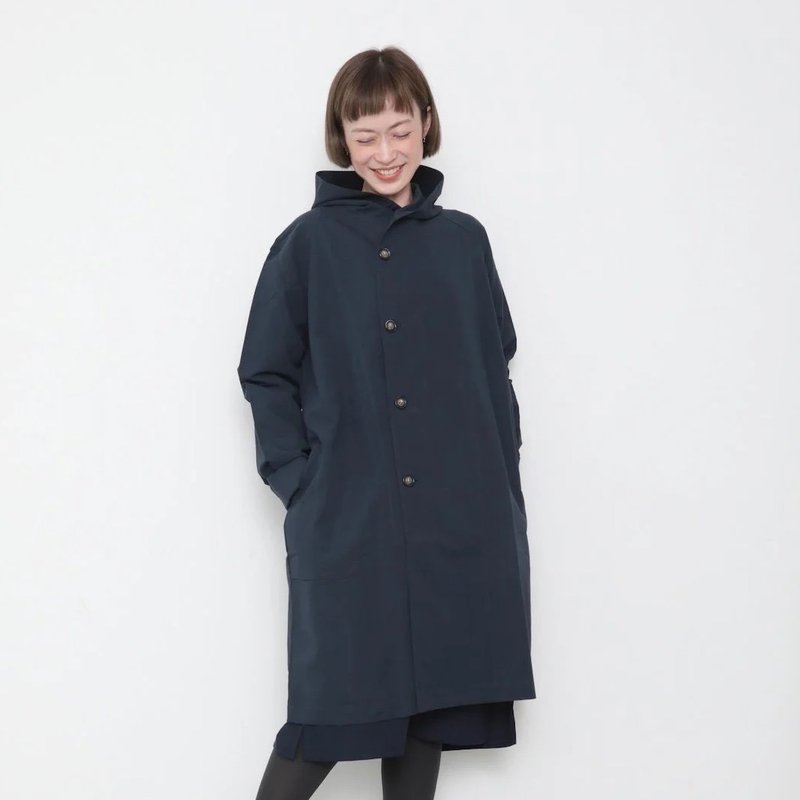 OMAKE.jp Four-button trench coat HoodieCoat dark blue - Women's Casual & Functional Jackets - Cotton & Hemp Blue