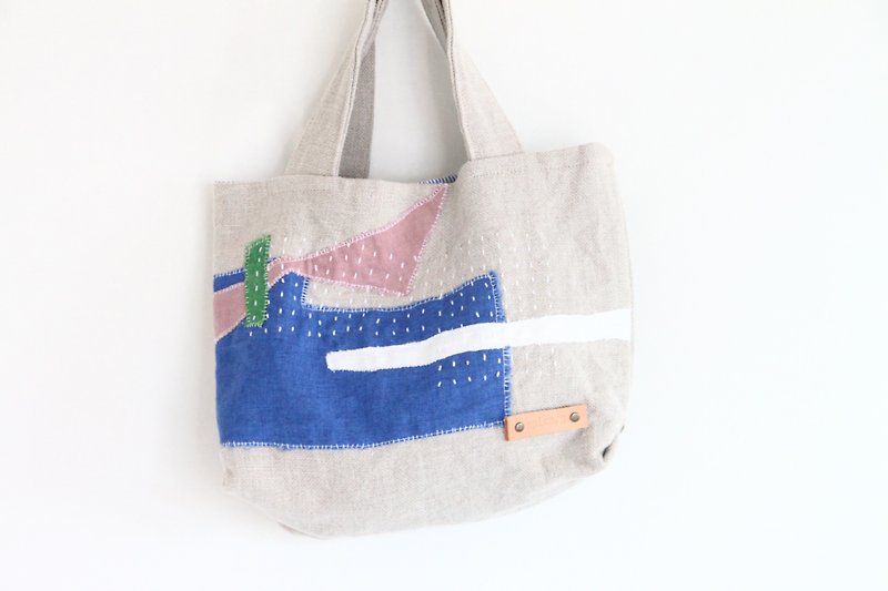 Linen collage mini tote bag small kamogawa / rain - Handbags & Totes - Cotton & Hemp Blue
