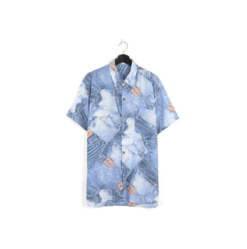 Back to Green- 短袖花襯衫 丹寧圖樣 /vintage shirts - 男襯衫/休閒襯衫 - 聚酯纖維 