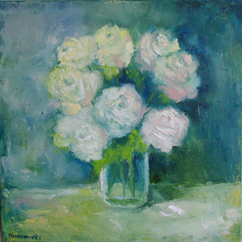 Roses Flowers Original Art Oil Painting Wall Decor White Roses - Posters - Other Materials Multicolor