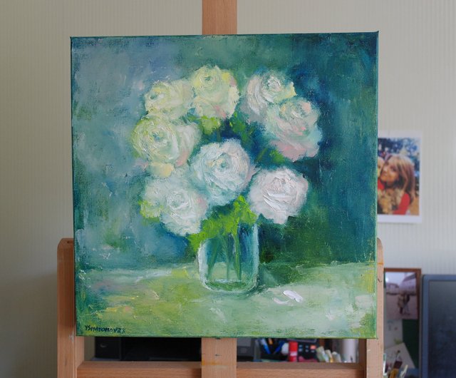 バラの花オリジナルアート油絵壁の装飾白いバラ - ショップ