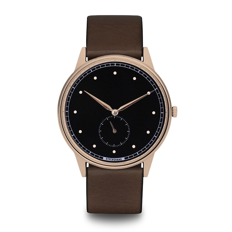 HYPERGRAND - 小秒針系列 - 玫瑰金黑錶盤棕皮革 手錶 - 男錶/中性錶 - 其他材質 咖啡色