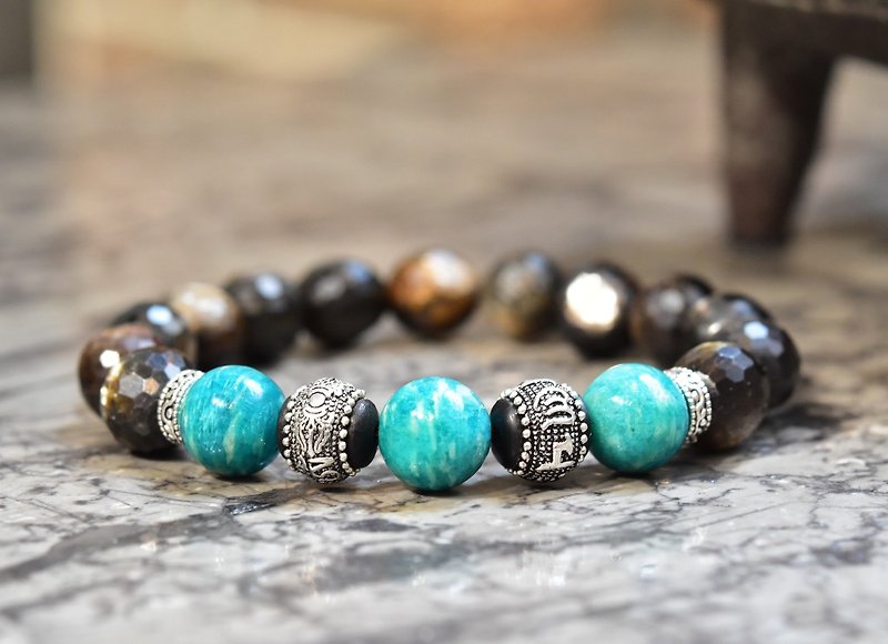 Strong hands~Natural Tianhe Stone Stone six-character Daming mantra 925 hands make Silver men's hands - Bracelets - Semi-Precious Stones Silver