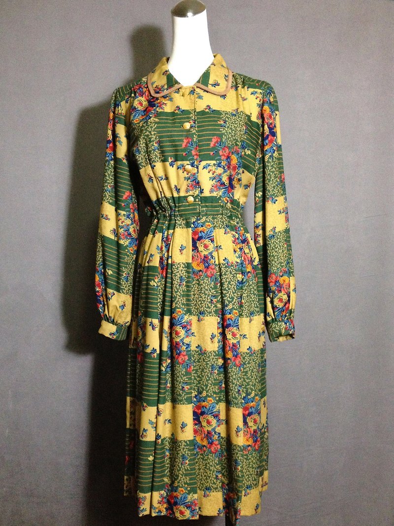 When vintage [antique dress / Nippon depth antique print fringe dress] abroad back to vintage dress VINTAGE - ชุดเดรส - ขนแกะ หลากหลายสี