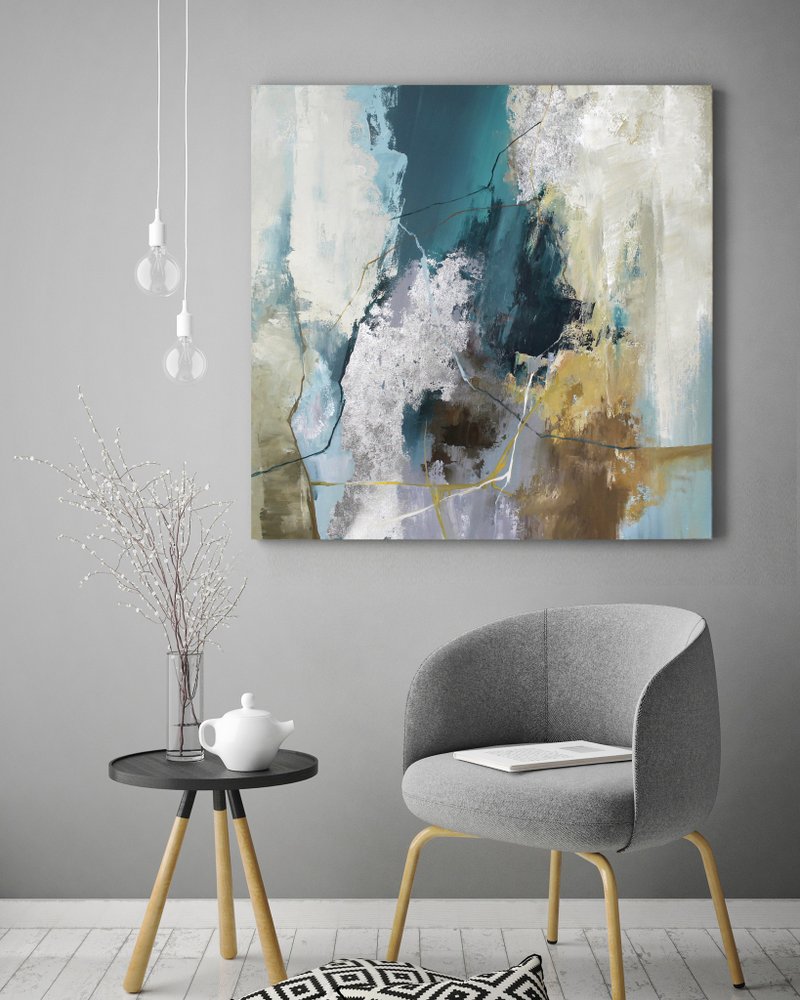 Green Silver Painting |  Green Silver Abstract | Green Wall Art | Green Hill - ตกแต่งผนัง - ผ้าฝ้าย/ผ้าลินิน สีเขียว