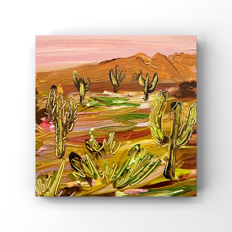 Arizona sunset desert landscape original oil painting Cactus canyon mini Artwork - โปสเตอร์ - วัสดุอื่นๆ หลากหลายสี