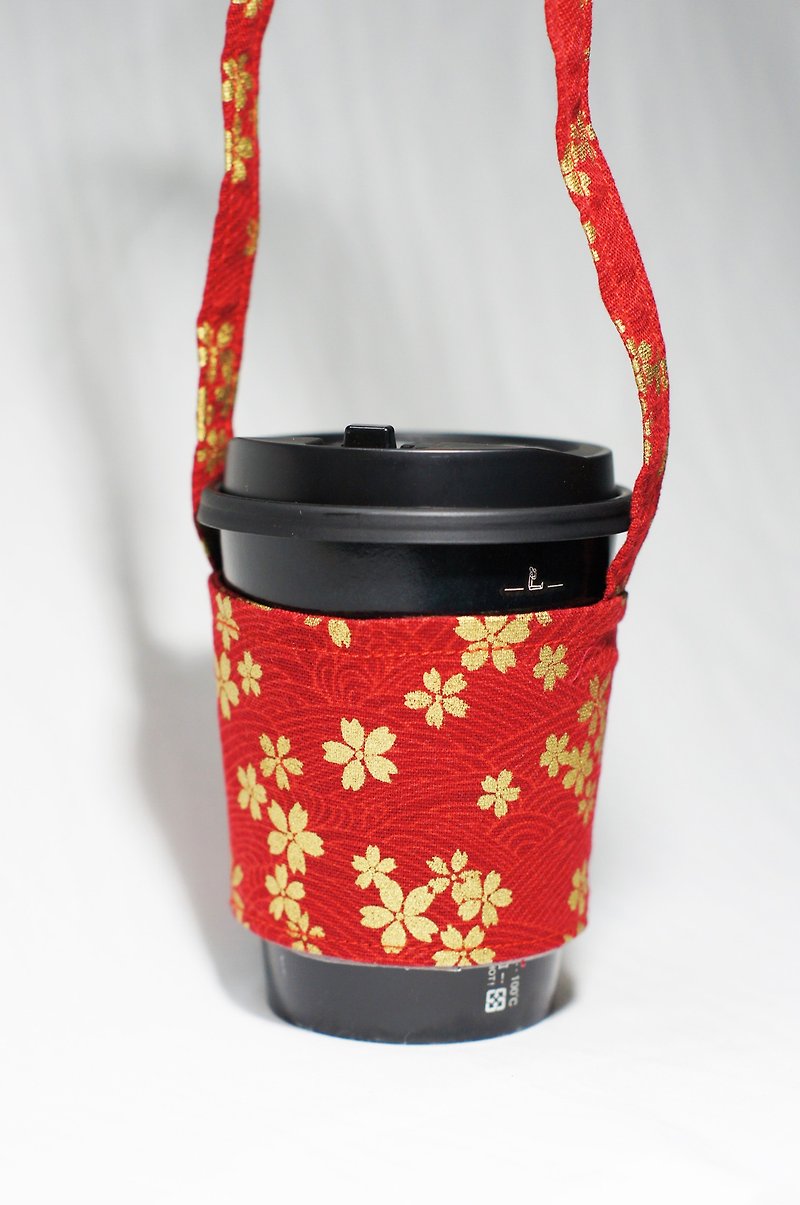 [AnnaNina] green cup set cup bag bag drink can accommodate love cherry red - ถุงใส่กระติกนำ้ - ผ้าฝ้าย/ผ้าลินิน 
