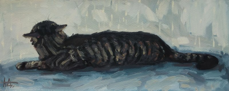 Original Oil Painting Animals Tabby Cat 6x15 inches - 壁貼/牆壁裝飾 - 紙 多色