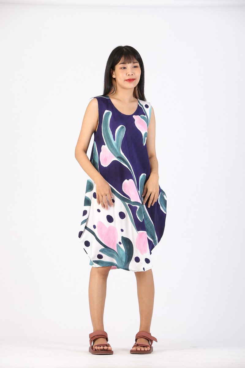 Short Dress Cotton Silk Hand Paint For Summer Beach Vacation - 洋裝/連身裙 - 棉．麻 藍色
