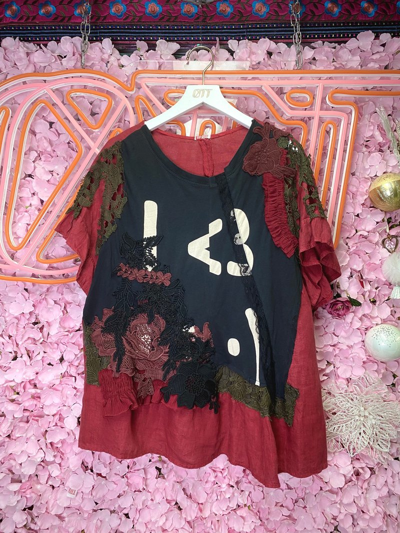 OTT unique • Unique linen and Linen washed dark red hand-stitched contrast color top Red Top - เสื้อผู้หญิง - ผ้าฝ้าย/ผ้าลินิน สีแดง