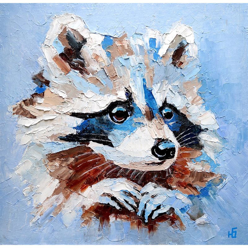 Raccoon Original Painting, Animal Wall Art, Woodland Picture, Wildlife Art. 手工油畫 - 海報/掛畫/掛布 - 其他材質 多色