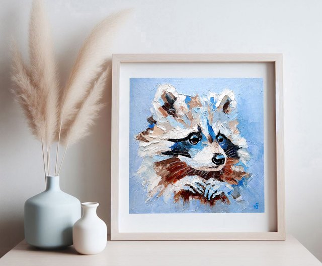 アライグマのオリジナル絵画、動物の壁アート、森の絵、野生動物の