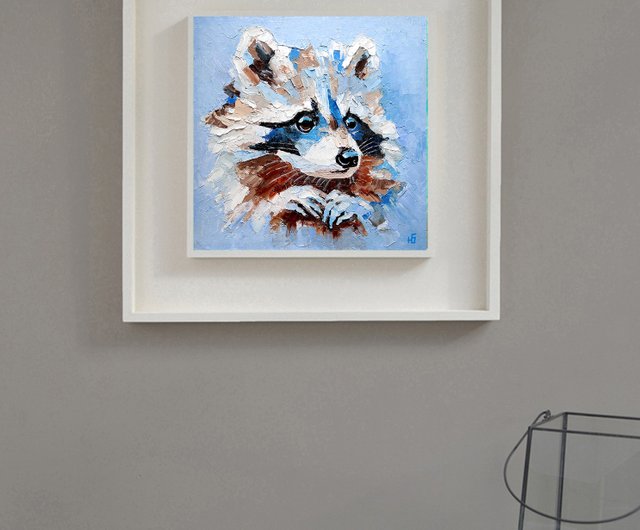アライグマのオリジナル絵画、動物の壁アート、森の絵、野生動物の