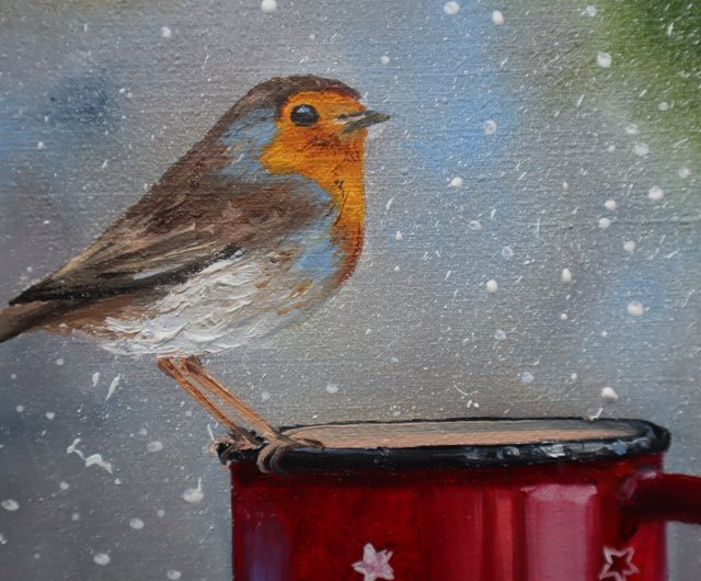 Painting of birds on canvas cardboard under the snow shops on linen canvas cardboard