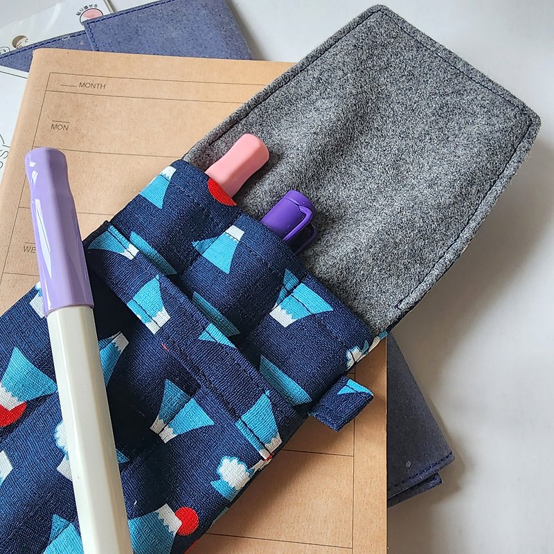 Triple pen pencase-Classic Fuji Mountain pen case, Fabric Fountain Pen Holder - กล่องดินสอ/ถุงดินสอ - ผ้าฝ้าย/ผ้าลินิน สีน้ำเงิน