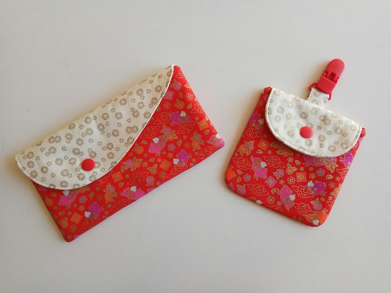 Happy pig red bag + red bag storage bag two-piece parent-child red bag - ID & Badge Holders - Cotton & Hemp Red