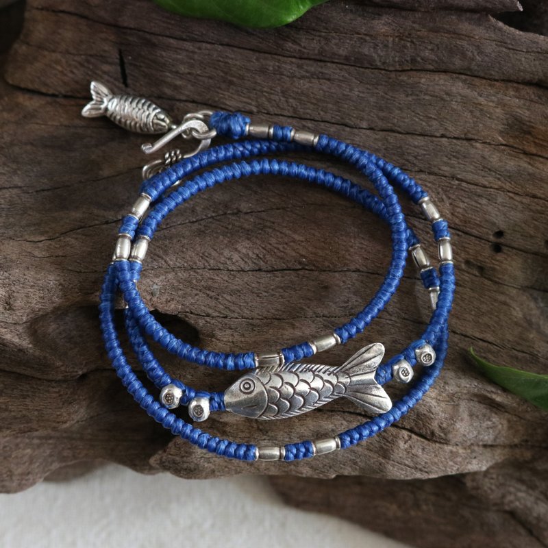 Handmade Triple Wrap Waxed Cord Fish Bracelet with Karen Silver Beads and Charm - Bracelets - Sterling Silver Blue