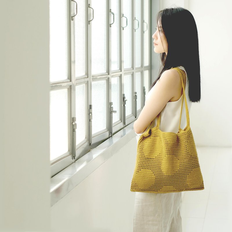 Crochet Polka Dot Tote Bag | Mustard - Handbags & Totes - Other Materials Yellow