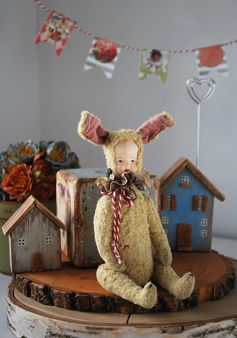 藝術家兔子兔子 熊復古風格他們的朋友手工製作 OOAK 泰迪娃娃 - 公仔模型 - 其他材質 多色
