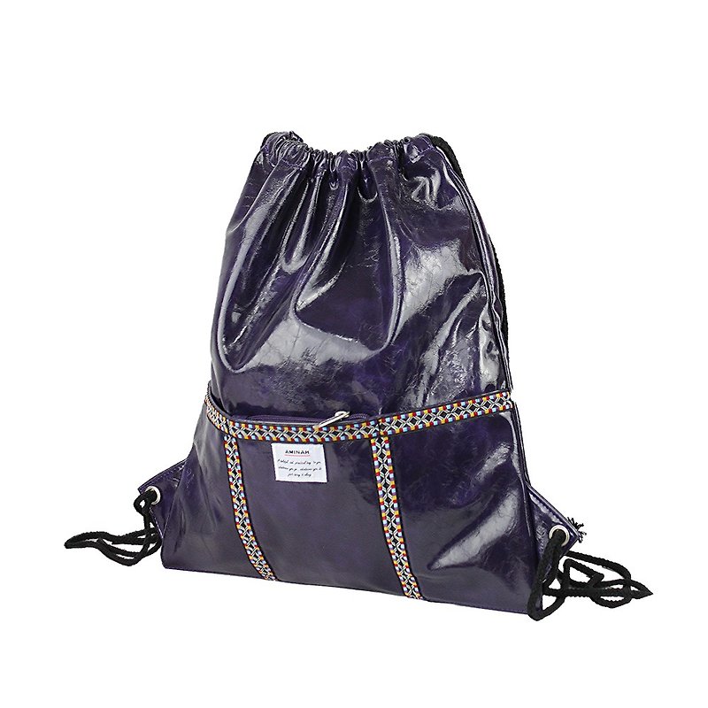 AMINAH-Purple Totem Woven Leather Backpack【am-0285】 - กระเป๋าหูรูด - หนังเทียม สีม่วง
