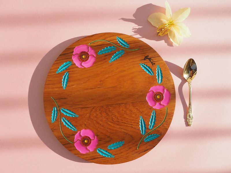 Poppy Crown Teak Tray (Pink and Teal) - 小碟/醬油碟 - 木頭 咖啡色