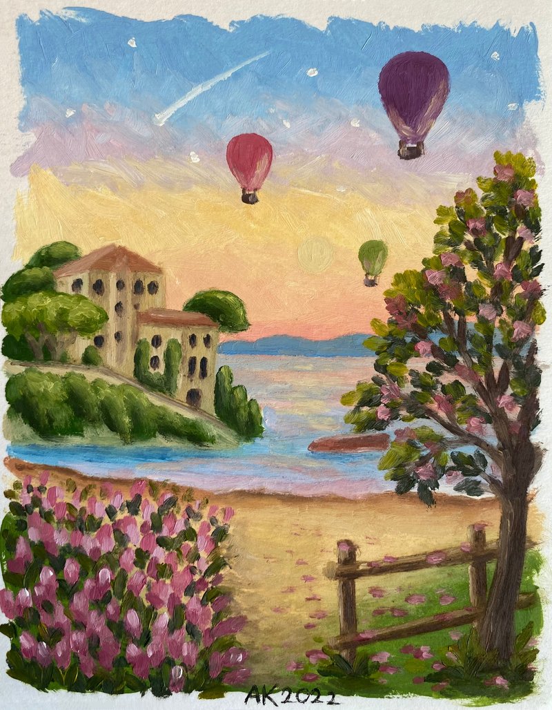 Morning on the Lake oil painting, landscape illustration, lakeside, garden, art - 壁貼/牆壁裝飾 - 其他材質 多色