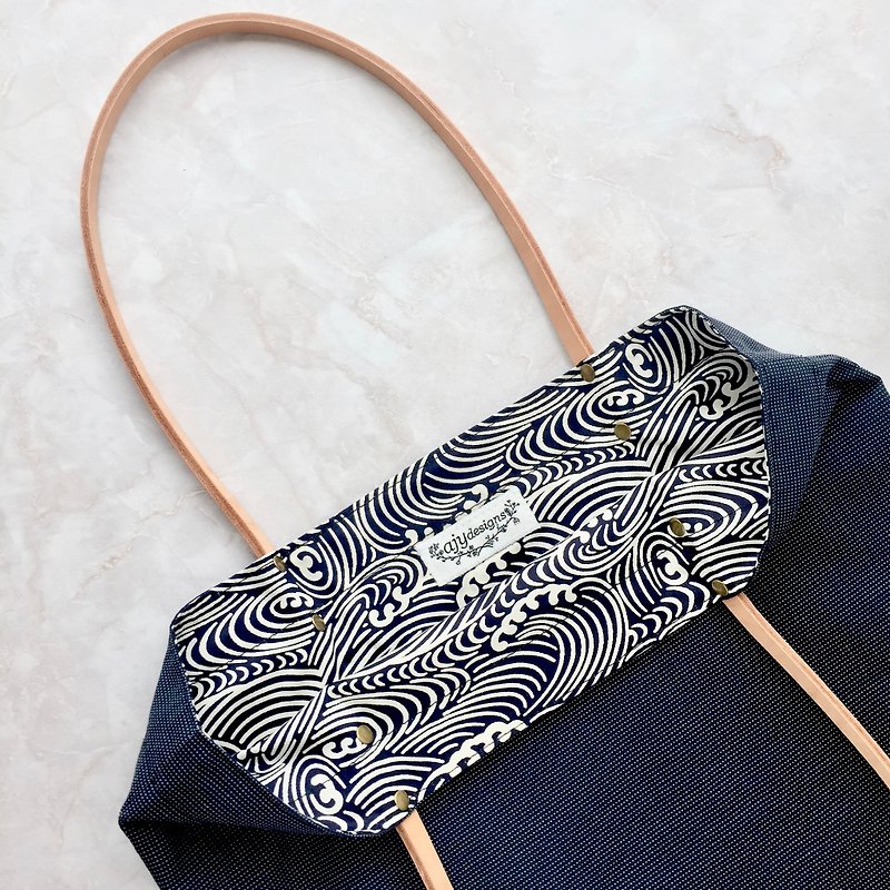 Reversible tote bag with leather straps. Limited. - Messenger Bags & Sling Bags - Cotton & Hemp Blue