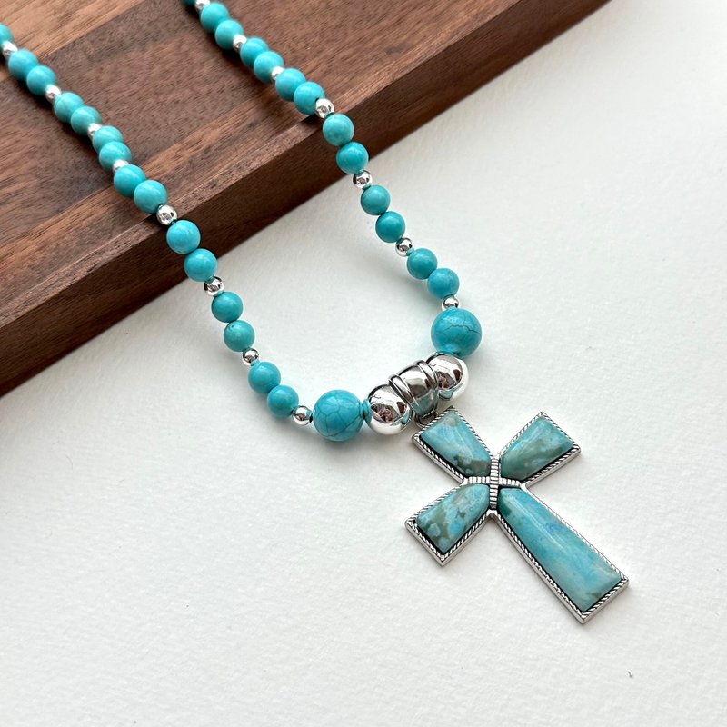 [Sagittarius Capricorn | December Birthday] Blue Turquoise Cross Silver Necklace Lucky Courage Safe Friends - Necklaces - Semi-Precious Stones Blue