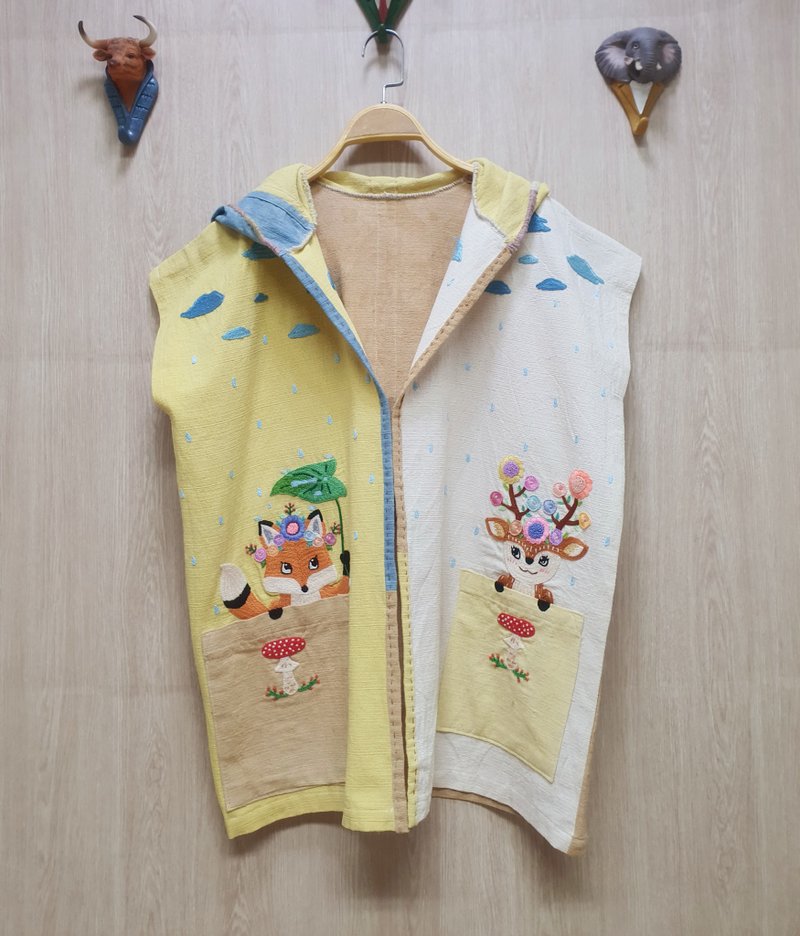 手工刺繡開衫、棉、天然染、鹿、狐狸、蘑菇、花 - 女上衣/長袖上衣 - 繡線 黃色