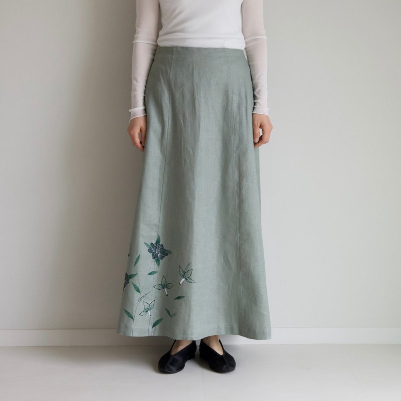 Hand-painted] Chintz / Adjustable waist / Gathered skirt at the back - กระโปรง - ผ้าฝ้าย/ผ้าลินิน สีเขียว