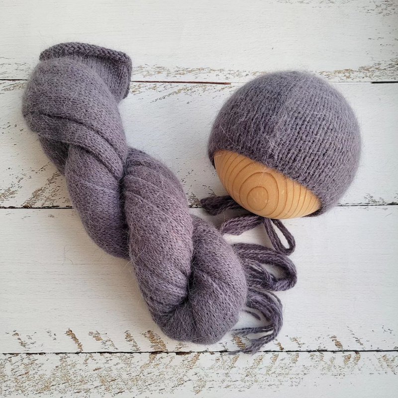 Dark Grey Fluffy Newborn Hat with Wrap, Knitted Photo Props - 嬰兒手鍊/飾品 - 羊毛 灰色